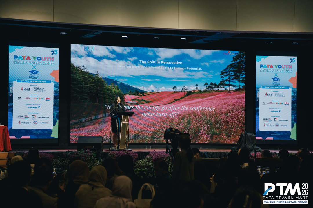 Lizam Dorji delivering keynote speech at PATA Youth Symposium 2026