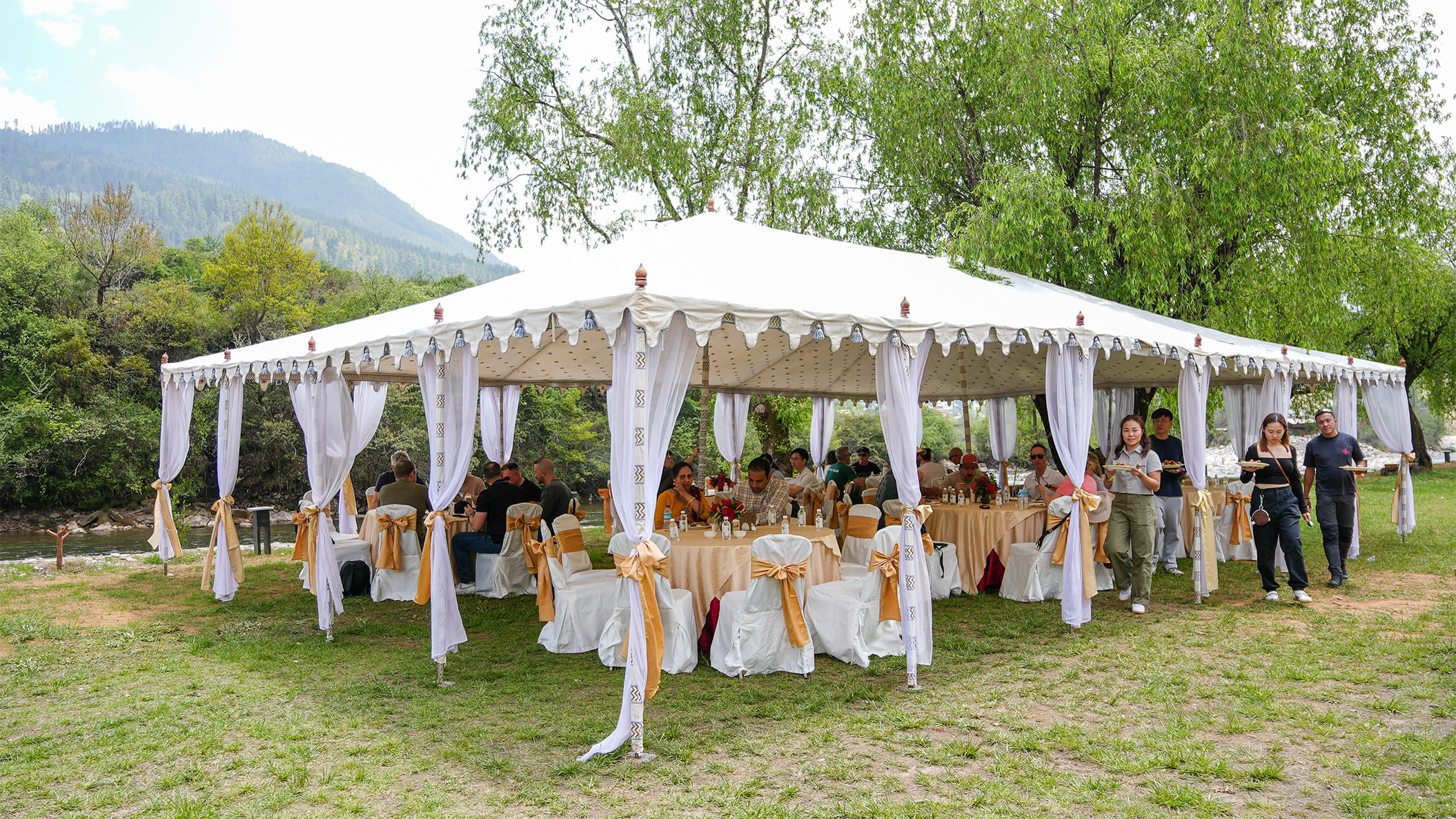 Corporate group having lunch in Bhutan