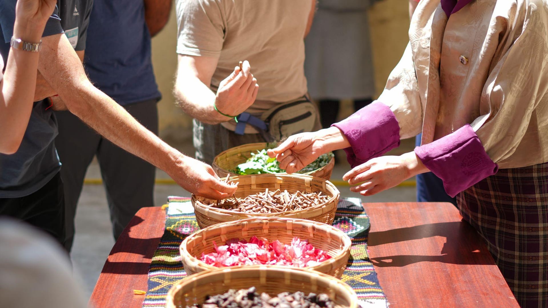 Corporate group participants inspecting natural dyeing plant materials in Bhutan